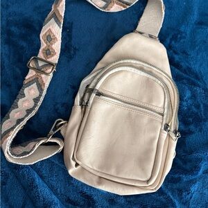 Cream Boho Crossbody Bag with Patterned Strap